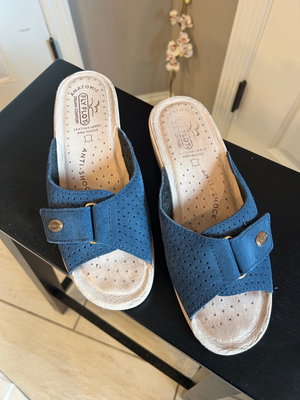 Fly Flot blue  Slide Sandals for Women Italian comfort leather upper and insole